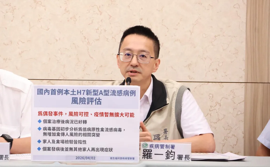 疾管署長羅一鈞解釋，病毒基因分析顯示為低病原性禽流感病毒，未有增加禽傳人風險相關突變，仍為一般禽源病毒。（圖／疾管署）