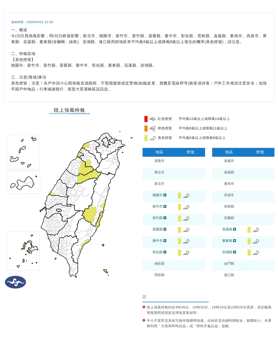 由於西南風和鋒面雙重影響，氣象署針對9縣市發布陸上強風特報，需留意8級以上強陣風。（圖／翻攝自中央氣象署官網）