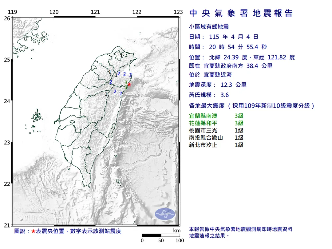 宜蘭縣近海於4日晚間8時54分55秒發生芮氏規模3.6地震。（圖／氣象署）
