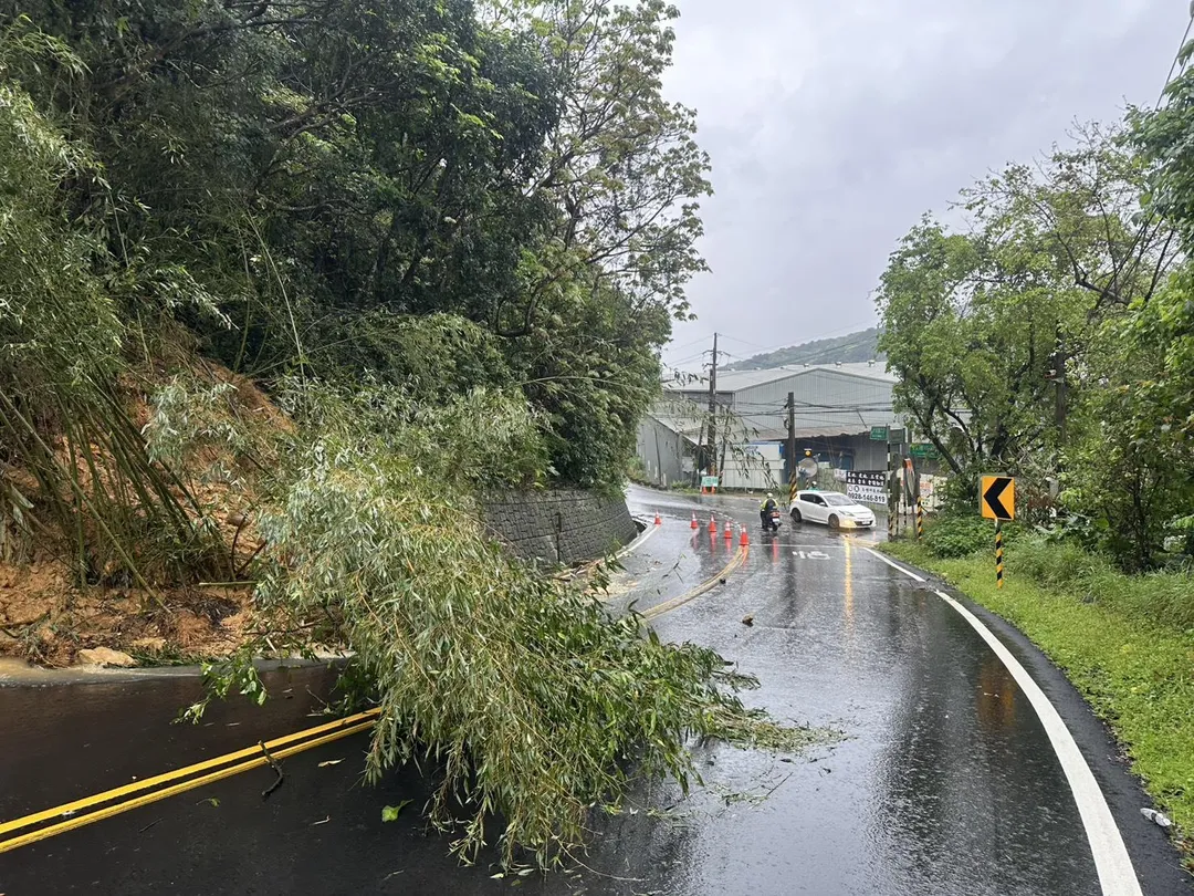 受大雨影響，桃園龜山區大坑路3段往林口方向今天上午7時許發生邊坡土石滑落與路樹倒塌。（圖／翻攝畫面）