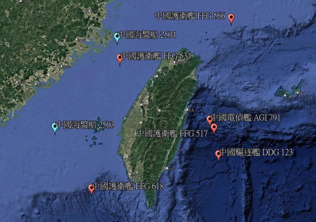 大陸艦艇在台海周邊位置。(圖/截自管碧玲臉書)