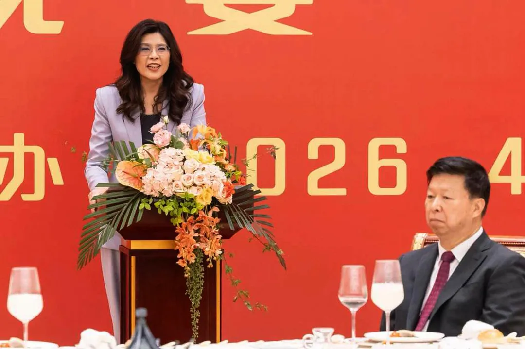 鄭麗文昨日在南京東郊國賓館接受國台辦主任宋濤晚宴款待時致詞。（圖／美聯社）