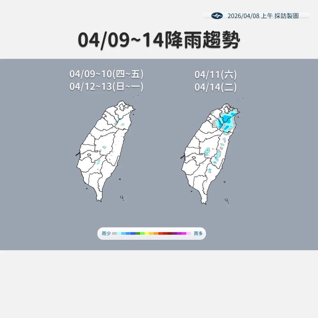 未來1週天氣漸趨穩定少雨，11日水氣較多，桃園以北及東北部會有零星短暫陣雨。（圖／中央氣象署提供）