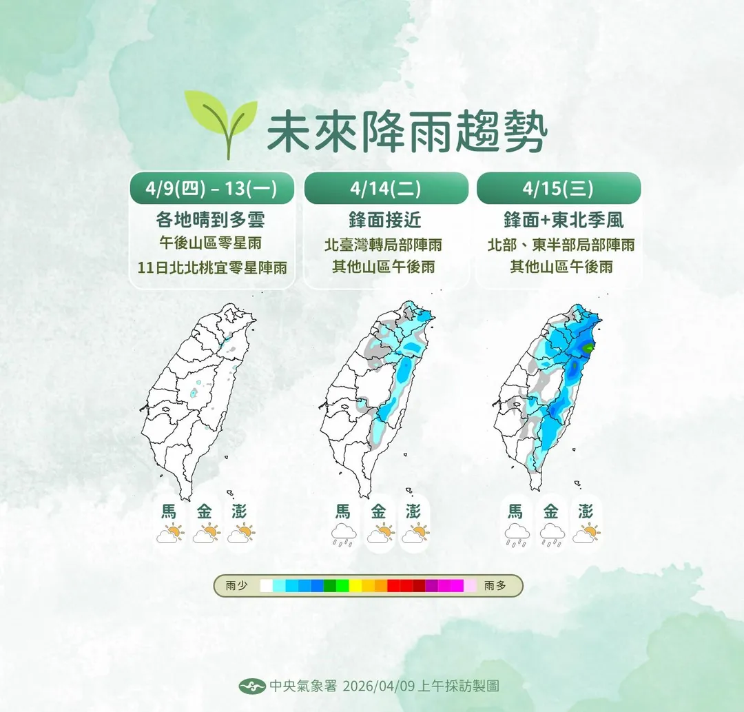 下週三微弱鋒面掠過，北、東轉有局部短暫降雨的機率。（圖／中央氣象署）