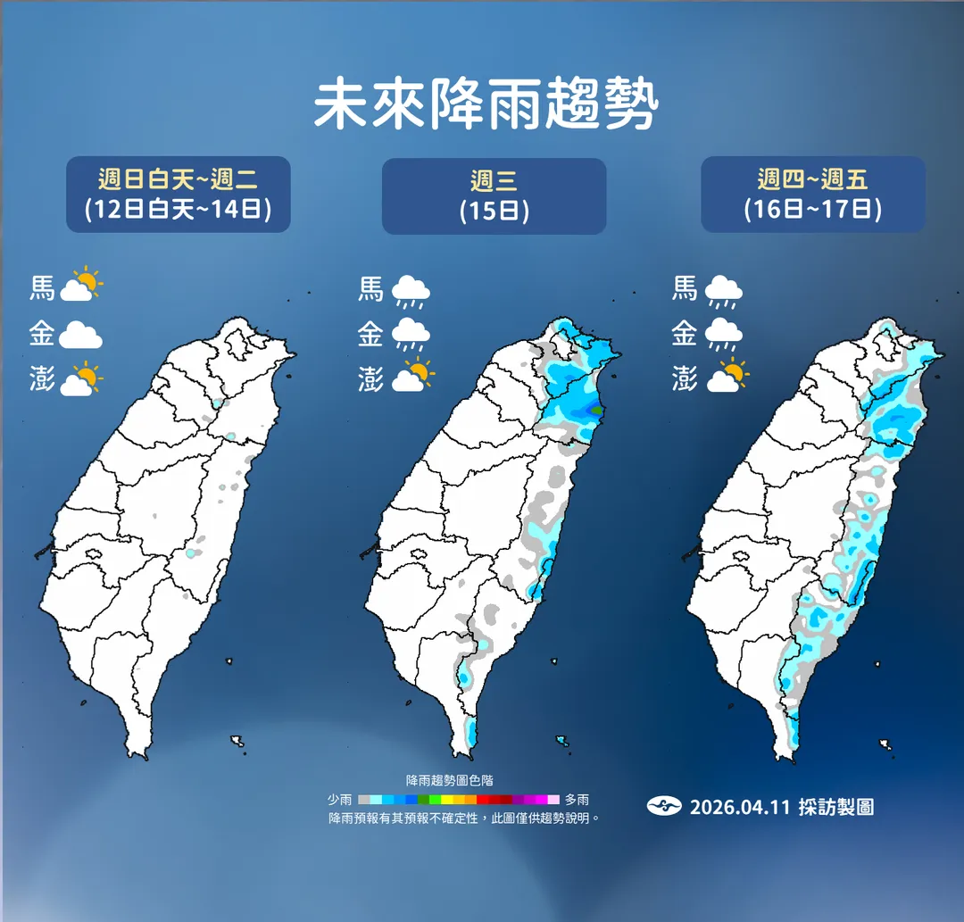 下週三鋒面通過北台灣轉雨降溫。(圖/中央氣象署)