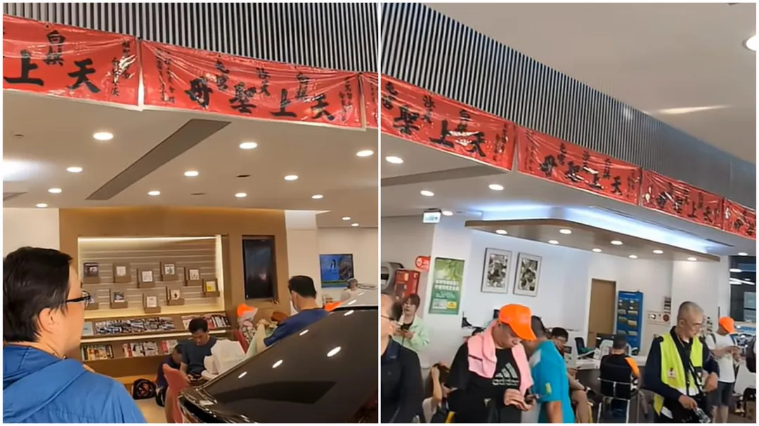 車廠內掛滿紅布條迎接媽祖。（圖／翻攝自白沙屯媽祖網路電視台YT）