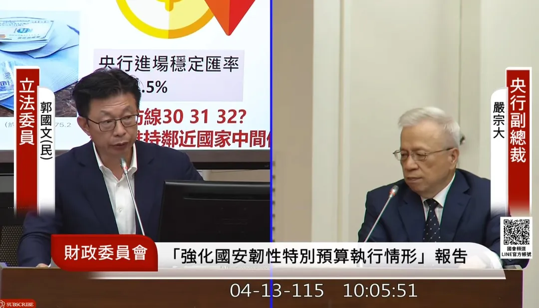 央行副總裁嚴宗大今赴立院財政委員會備質詢。（圖／國會頻道YouTube）