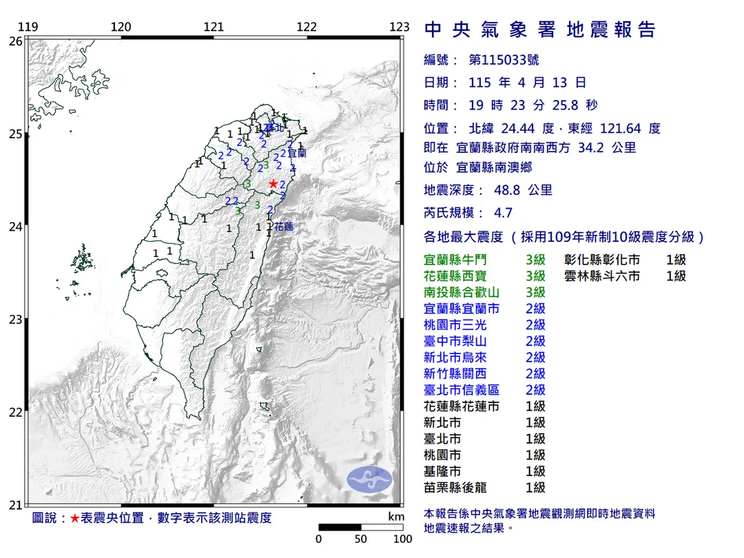 宜蘭縣南澳鄉附近於13日晚間7時許發生一起顯著的地震。（圖／氣象署）