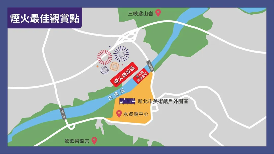 三鶯水資源回收中心、鶯歌碧龍宮及三峽鳶山岩等地,亦適合遠眺煙火及無人機展演。(圖/新北市文化局)