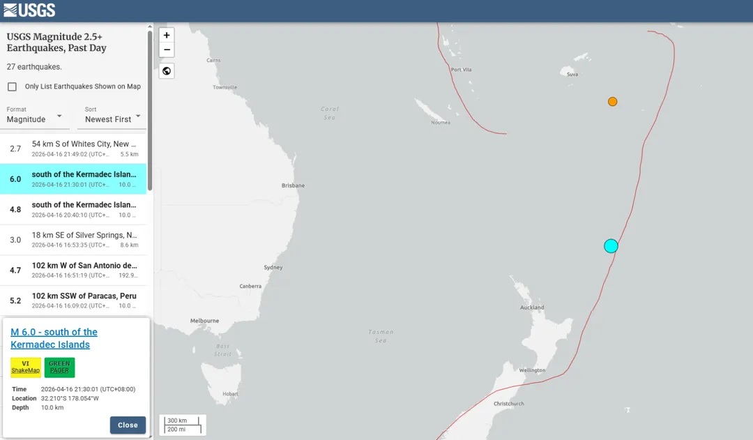 紐西蘭克馬德克群島南方海域於台灣時間今（16）日晚間9點30分發生規模6.0地震。（圖/翻攝USGS美國地質調查所）