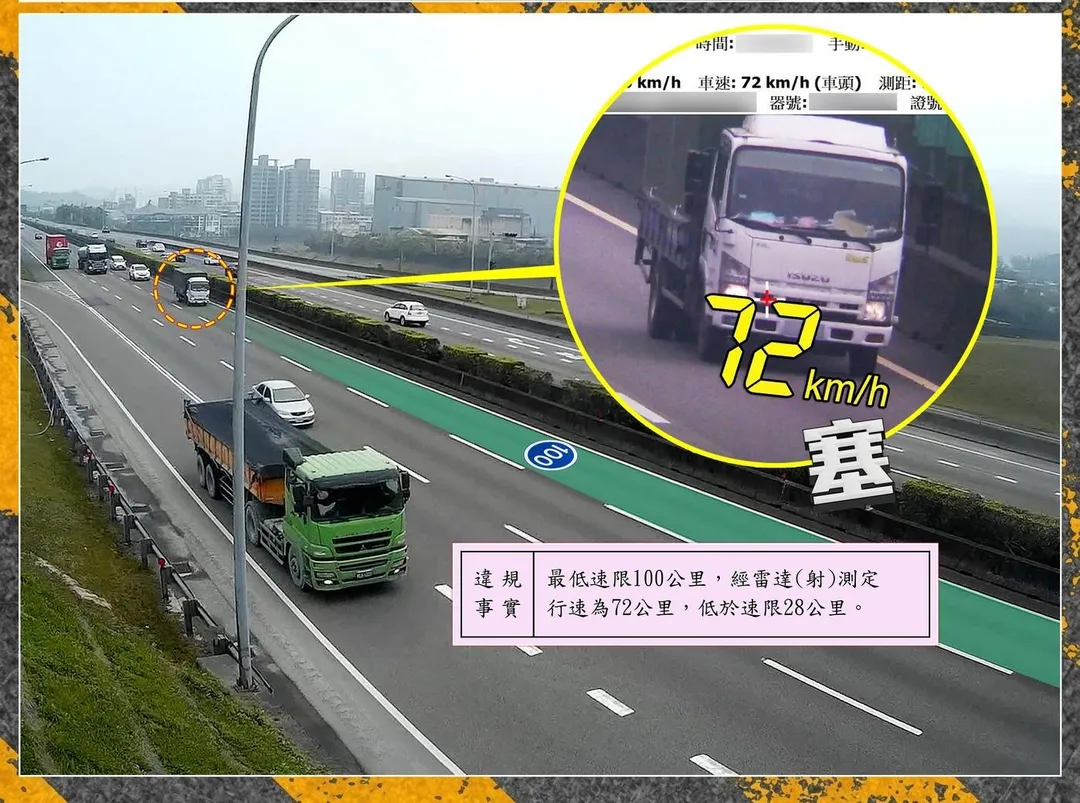 小貨車則在限速100公里的路段，以時速72公里占用內線車道行駛，低於速限28公里，儼然成為「路隊長」。（圖／國道公路警察局提供）