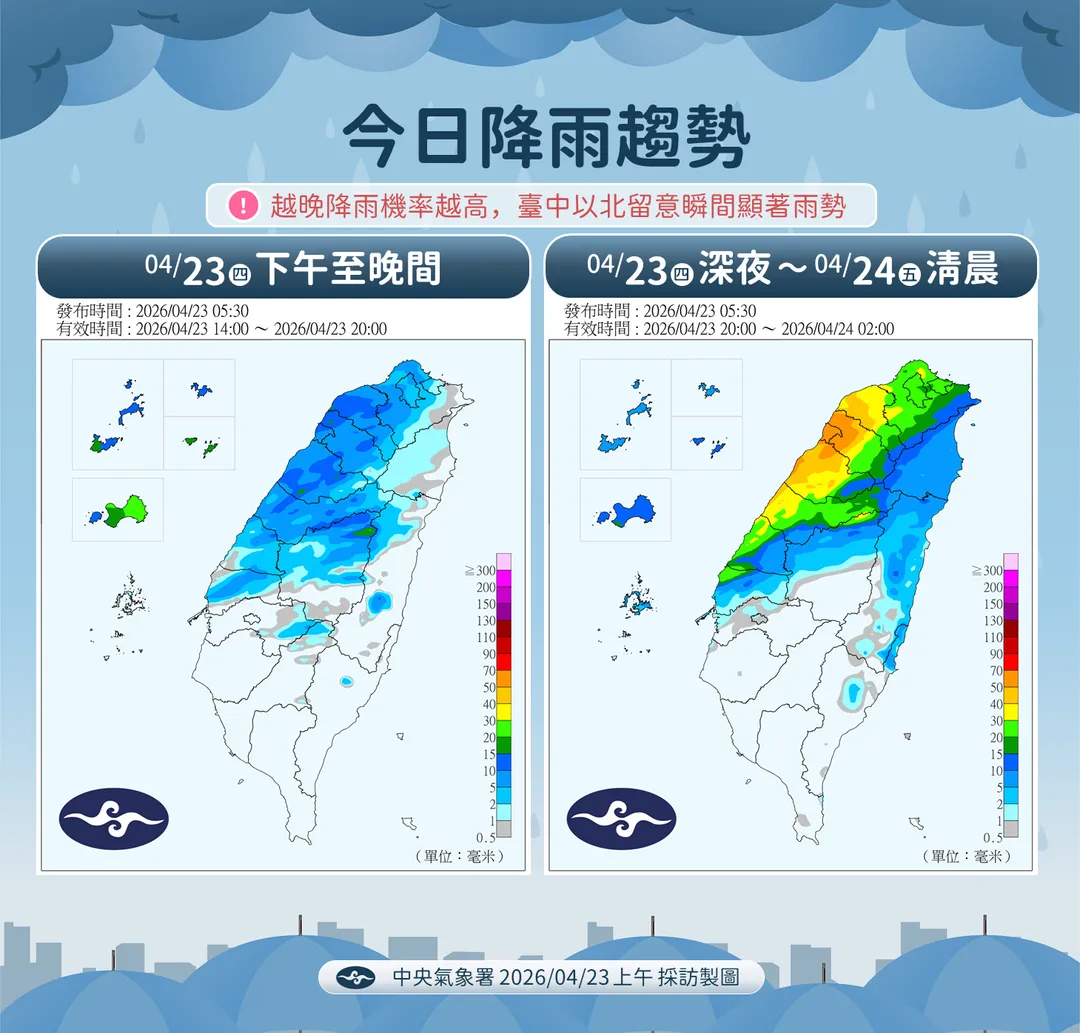 今日降雨趨勢。（圖／中央氣象署）