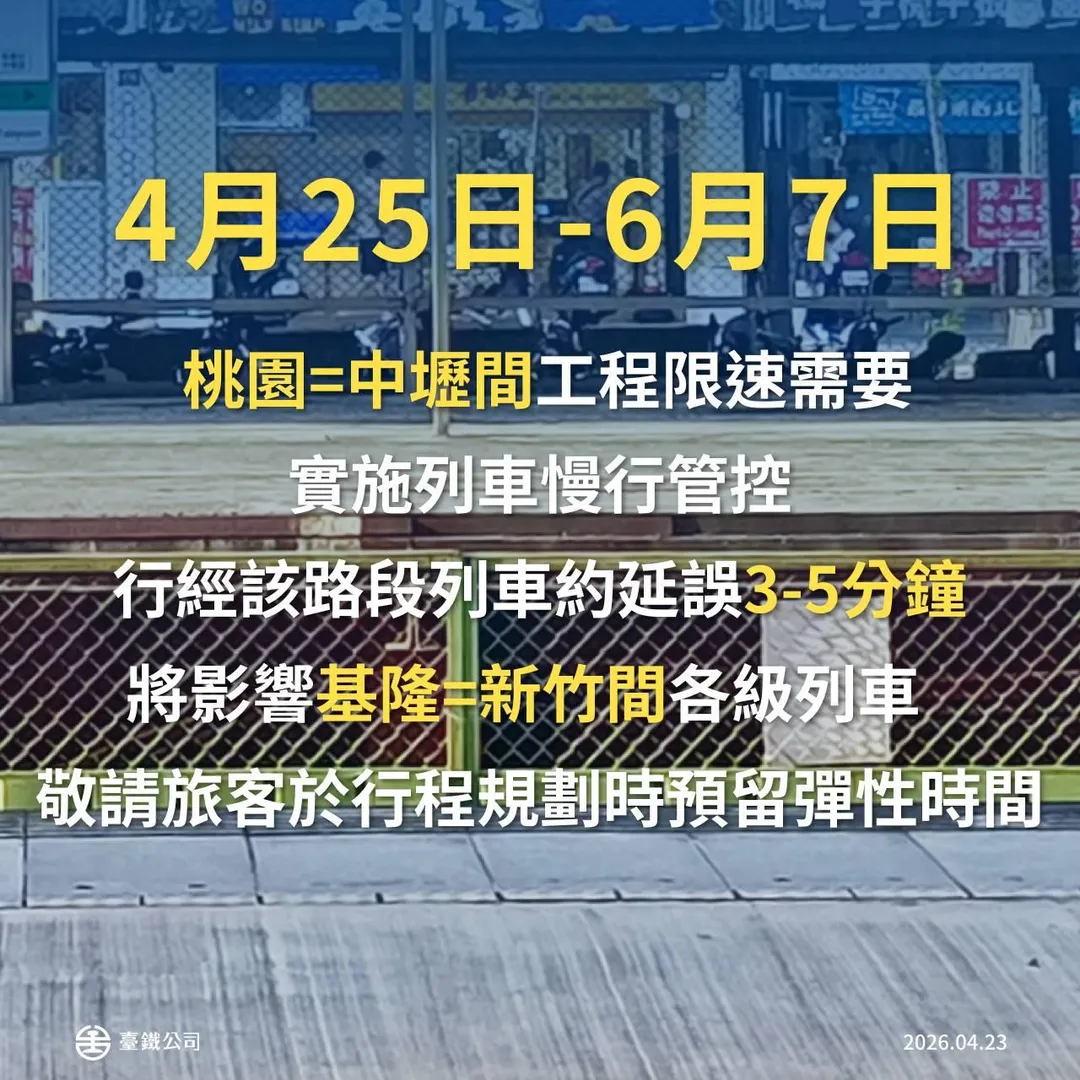 桃園＝中壢區間4月25日至6月7日實施列車慢行管控，連帶造成基隆＝新竹間各級列車延誤。（圖／台鐵提供）