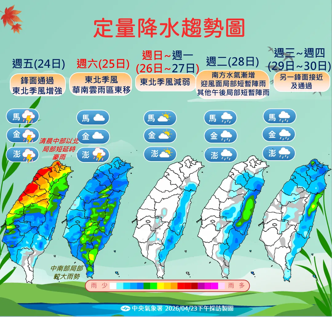 24日起鋒面逐漸通過，中部以北將有局部短延時豪雨。（圖／中央氣象署提供）