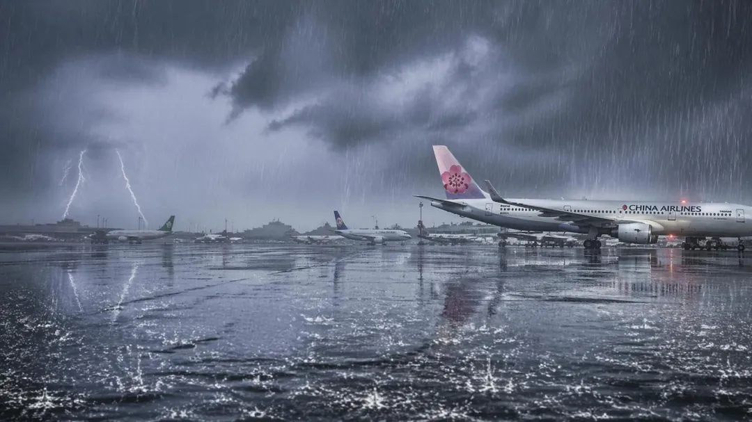 受到大雷雨侵襲，台中機場暫停起降作業。（圖／AI生成）