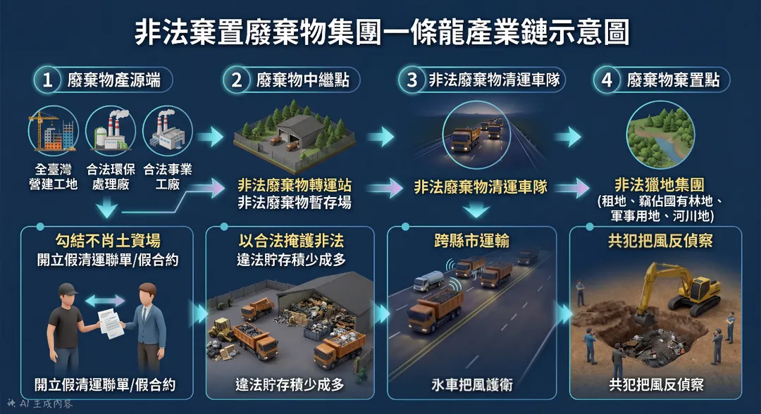 非法棄置廢棄物集團一條龍產業鏈示意圖。(圖/台中地檢署提供)