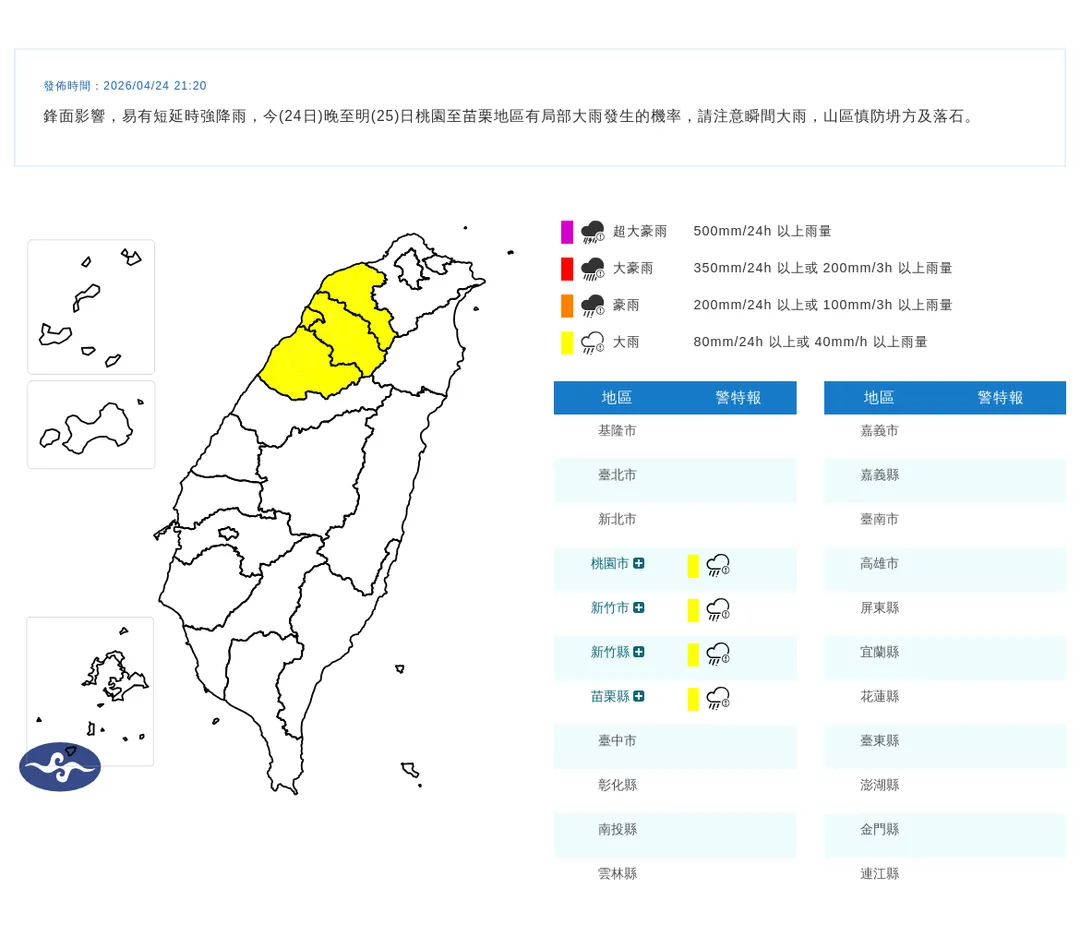 氣象署24日晚間9點20分，針對4縣市發布大雨特報。（圖／氣象署提供）