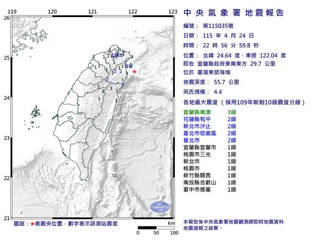 花蓮地區於今（24）日晚間10點56分發生芮氏規模 4.4 的顯著有感地震。（圖／氣象署提供）