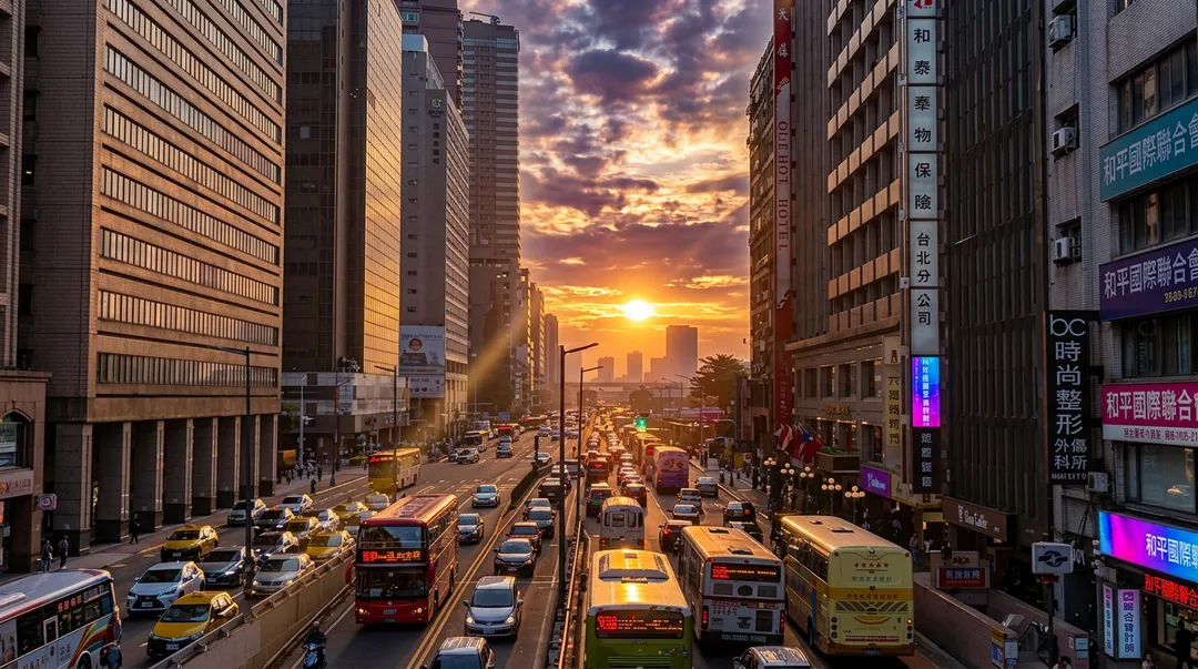 台北市將迎來懸日美景，4月30日至5月2日期間，忠孝東西路（新生高架以西）將可見懸日景象。（示意圖／AI生成）