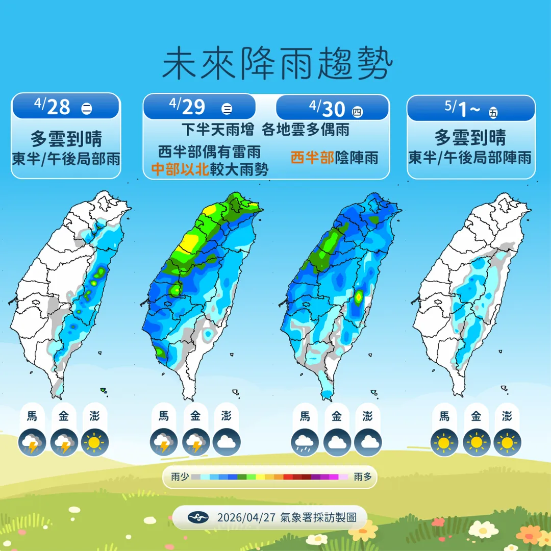 4月29日下半天起有東北季風和鋒面雙重影響,5月1日勞動節多雲到晴。(圖/中央氣象署提供)