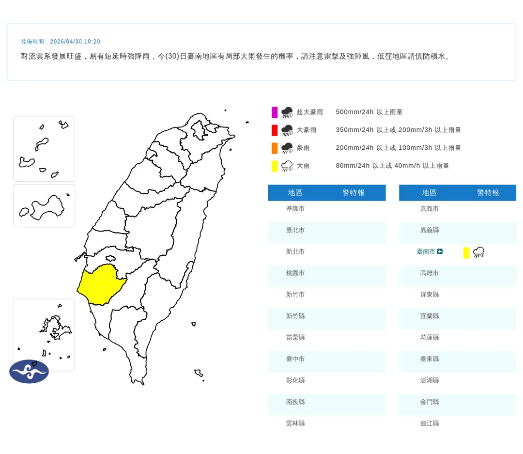 台南大雨特報。（圖／中央氣象署）