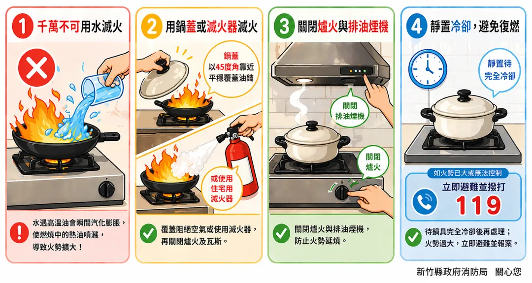 廚房用火看似日常，卻潛藏高度風險，應落實「人離火熄」守則，並牢記油鍋起火切勿潑水，以免小火演變為失控大火。（圖／新竹縣政府消防局）