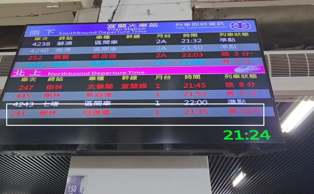 受到宜蘭6.1地震影響，台鐵宜蘭火車站1日晚間出現多班次延誤狀況，延遲最久的時間達32分鐘。（圖／中天新聞）