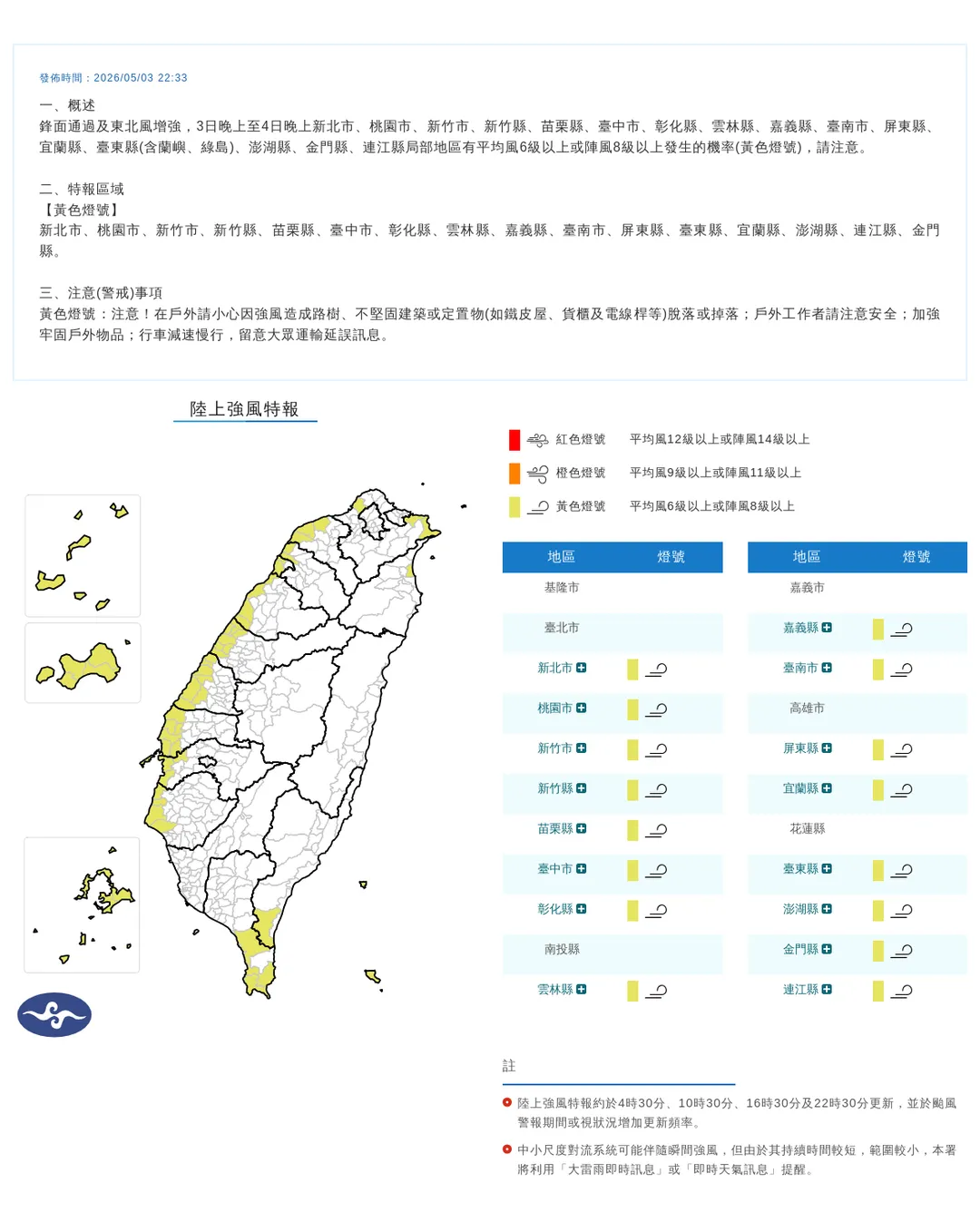由於鋒面通過及東北風增強，中央氣象署於今（3）日晚間10點33分發布16縣市陸上強風特報。（圖／氣象署提供）