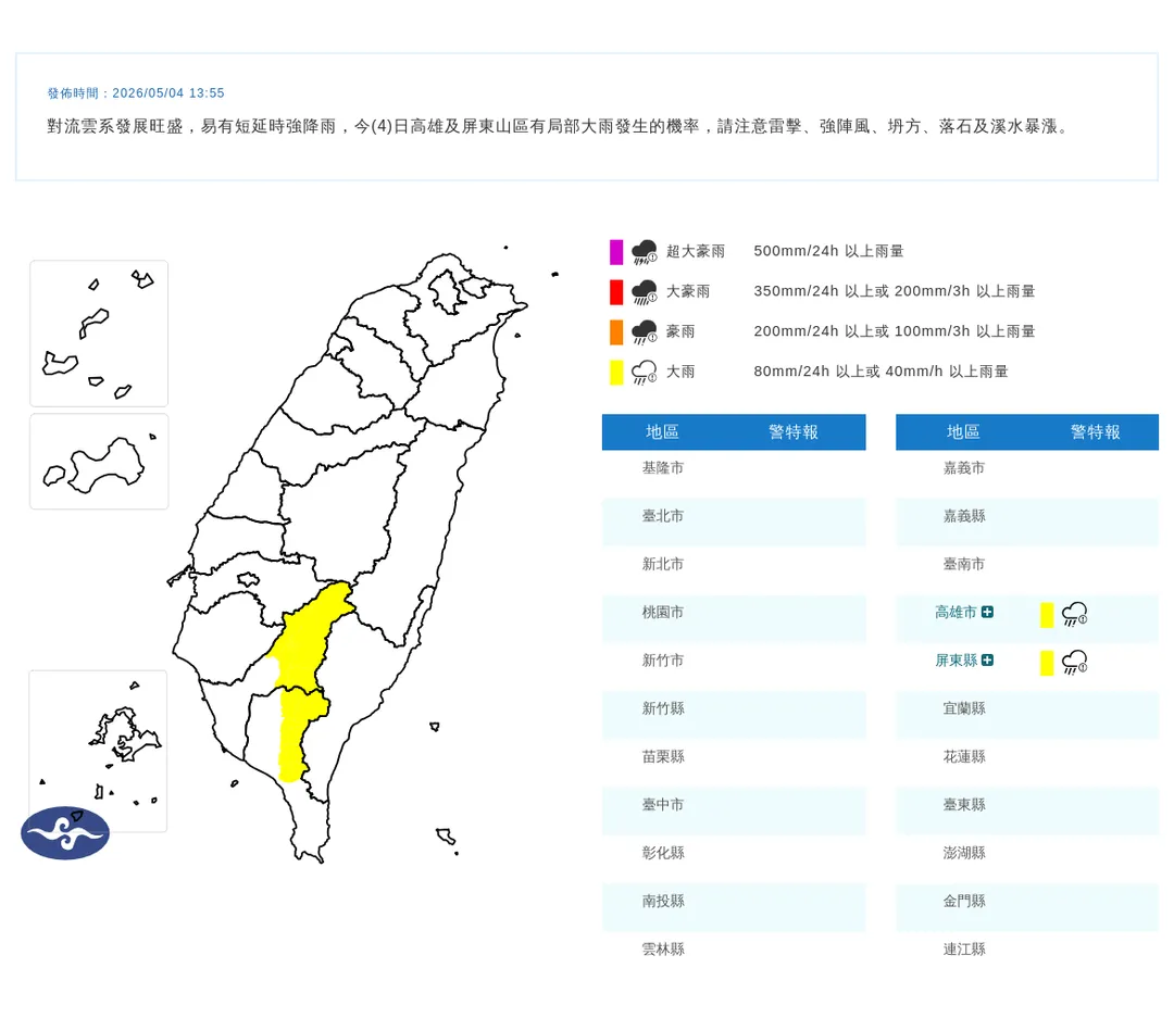 高雄、屏東大雨特報。（圖／中央氣象署）