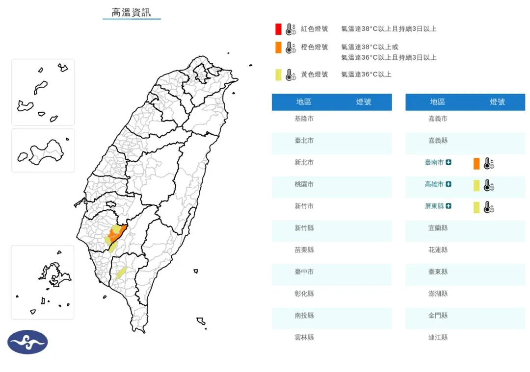 除了台南市外,高雄市與屏東縣也已列入「黃色燈號」警戒範圍,提醒高屏地區民眾同樣需防範熱浪侵襲。(圖/氣象署)