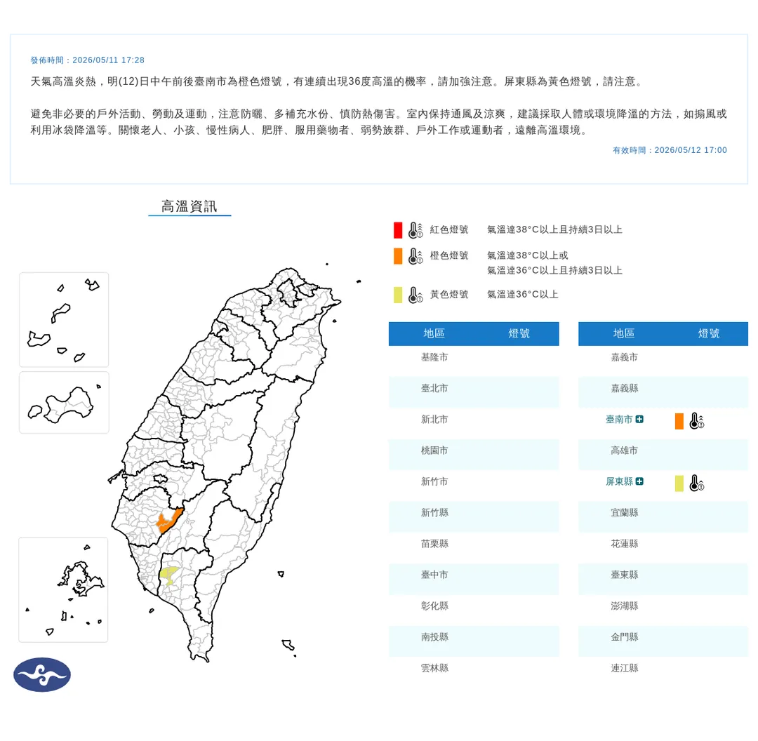 台南市、屏東縣12日中午前後將出現36度以上高溫。（圖／翻攝自中央氣象署官網）