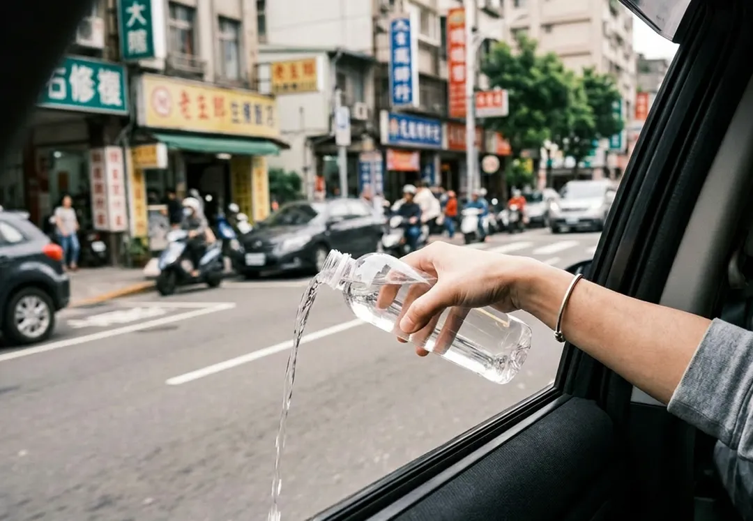 Threads有人發文指出，他在路上目擊有人坐在車內，神情肅穆地拿著貼有「高濃度酒精」標籤的瓶子不斷往窗外噴灑液體。（圖／示意圖／AI生成）