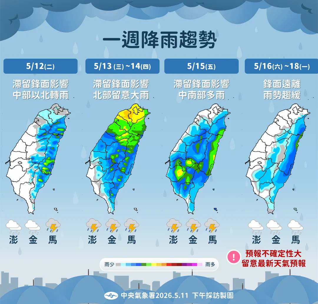 滯留鋒面13日至14日將在全台帶來較明顯雨勢，本週末起趨緩。（圖／中央氣象署提供）
