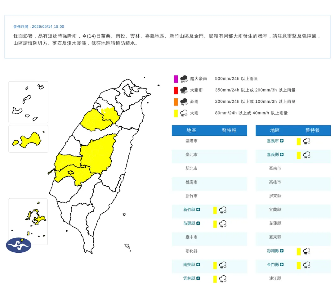 中央氣象署於14日下午3點發布8縣市大雨特報。(圖/氣象署提供)