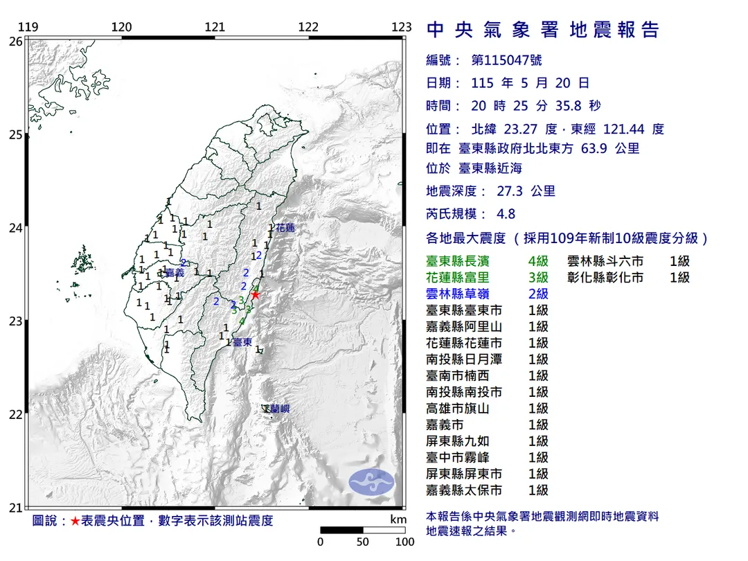 台東東部海域於20日晚間8時25分發生一起芮氏規模 4.8 的顯著有感地震。（圖／氣象署）