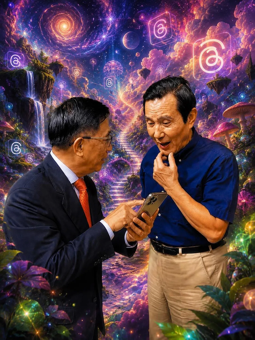 陳水扁製作AI梗圖，並建議馬英九不妨學他滑脆（Threads）。（圖／翻攝Threads @chenshuibian88）