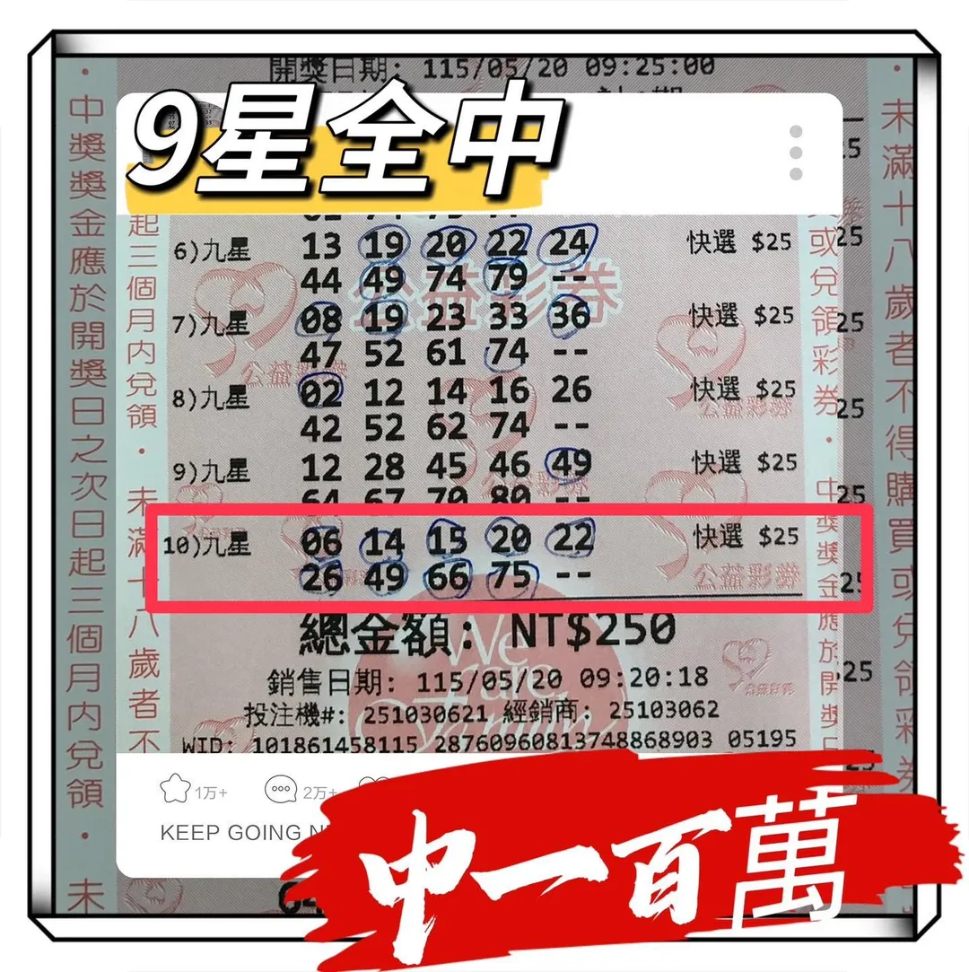 5月20日不僅因諧音「我愛你」成為充滿浪漫氛圍的日子,今年更罕見地巧逢萬事皆宜、相傳祈福轉運最靈驗的玄學吉日「天赦日」。嘉義市新民路的知名財神到彩券行,於日前開出「BINGO BINGO賓果賓果」九星全中的百萬頭獎。(圖/翻攝自臉書財神到彩券行(買就贏運動彩券))