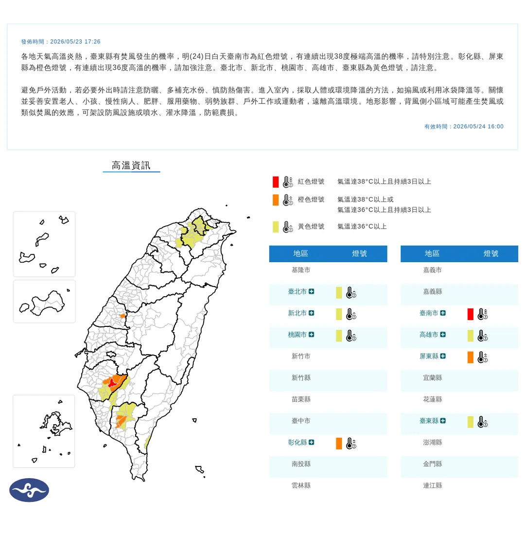 北部、南部和台東縣8縣市24日白天高溫炎熱，台東縣需留意焚風。（圖／翻攝自中央氣象署官網）
