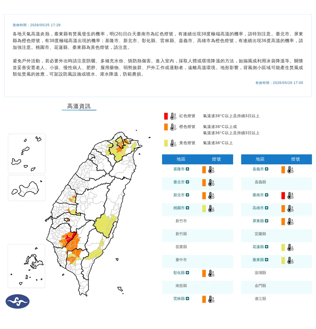 全台12縣市26日白天最高溫上看38度，台南市需要特別注意。（圖／翻攝自中央氣象署官網）