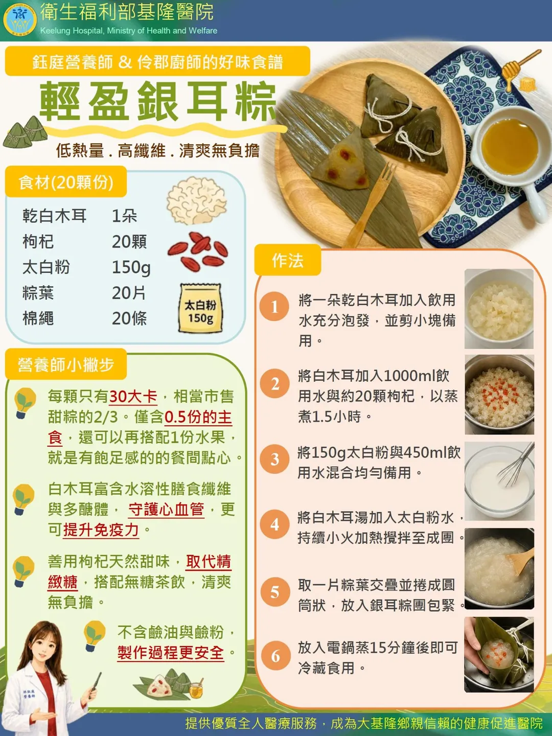 「輕盈銀耳粽」每顆僅30大卡，搭配1份水果即成低負擔的餐間點心，製作過程亦無需使用傳統鹼粽所需的鹼粉或鹼油。（圖／衛生福利部基隆醫院）