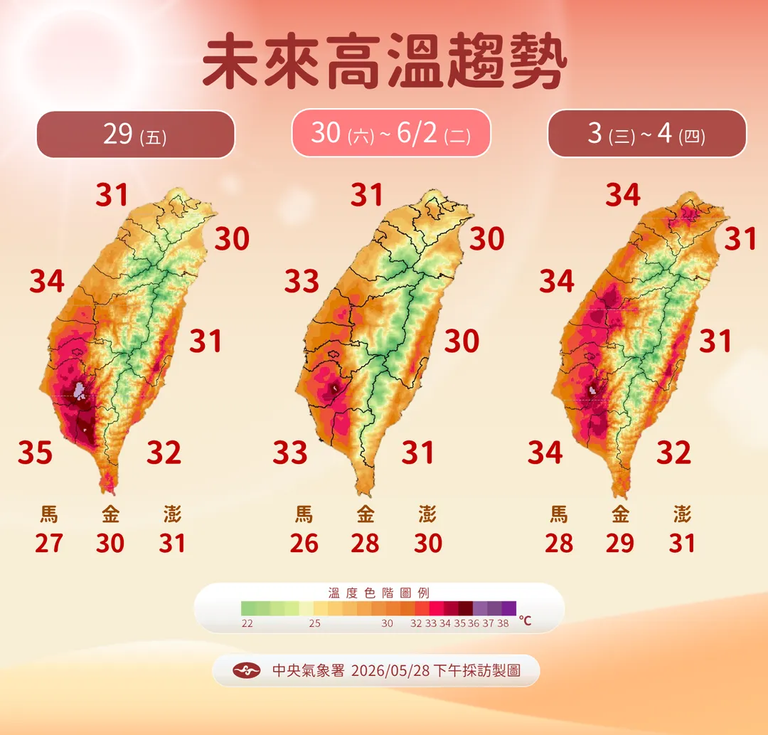 鋒面影響期間,高溫有所下降,直到下週薔蜜颱風遠離再迎接1波回溫。(圖/中央氣象署提供)