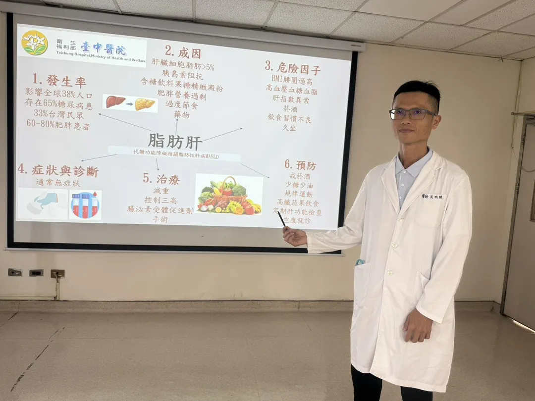 衛生福利部臺中醫院肝膽腸胃科吳明駿醫師說明現代人面臨的脂肪肝風險與預防。（圖／臺中醫院）