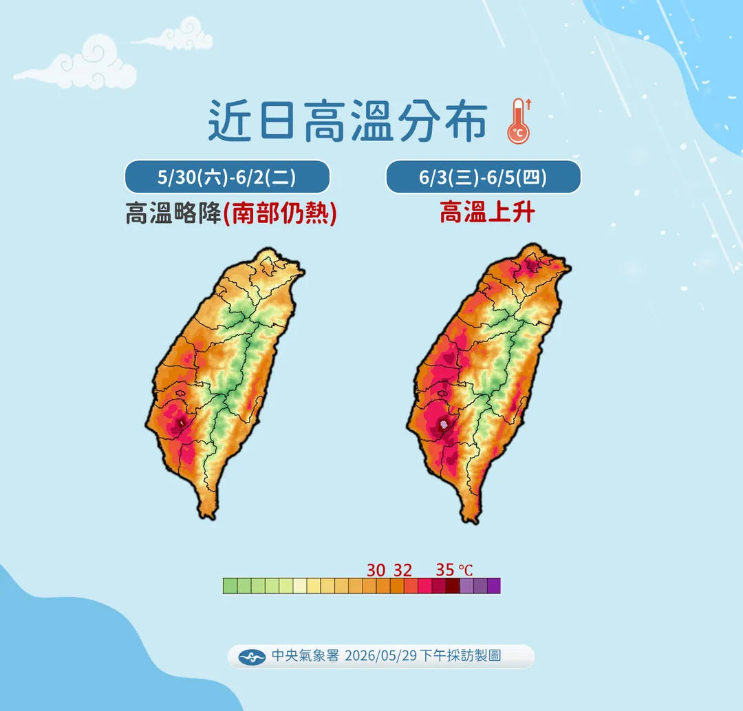 本週末高溫略為下降，下週後半再度回升到30度以上。（圖／中央氣象署提供）