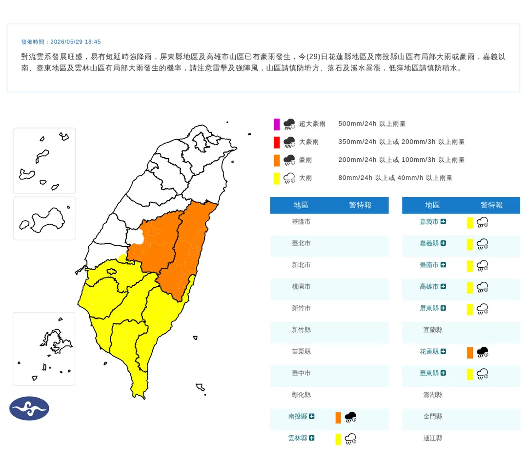 氣象署針對嘉義以南等9縣市發布豪雨特報，屏東地區和高雄山區已有豪雨發生。（圖／翻攝自中央氣象署官網）