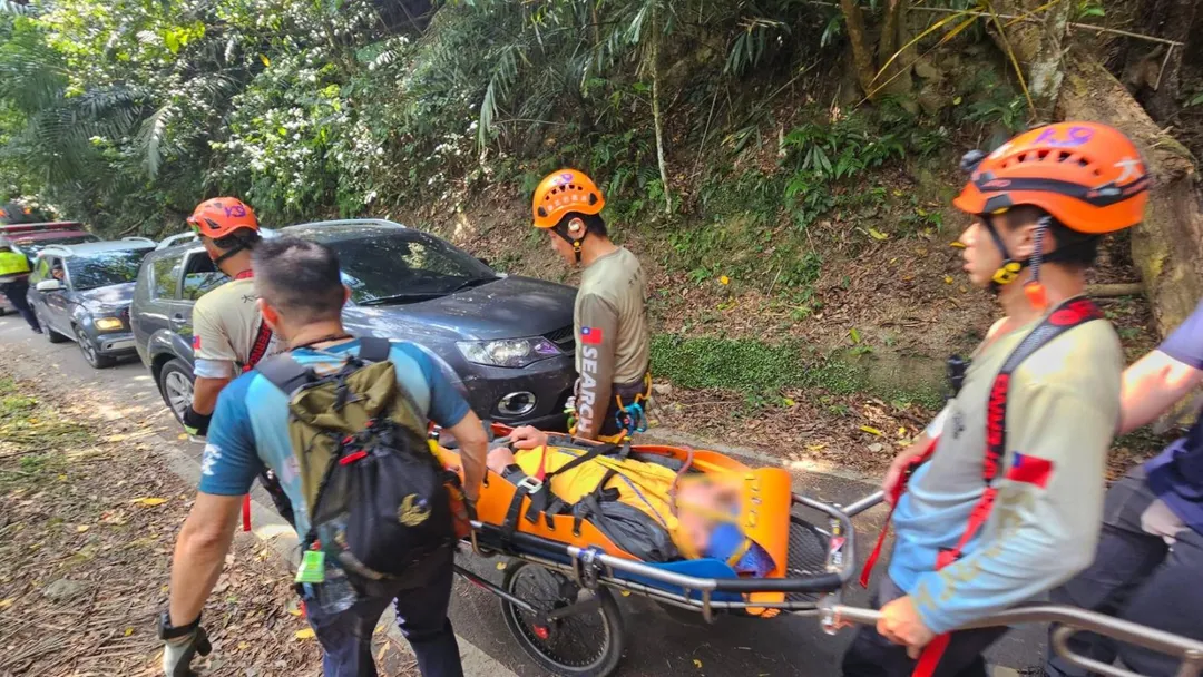 登山客遭蜂螫由救護人員搬運下山送醫。（圖／翻攝畫面）