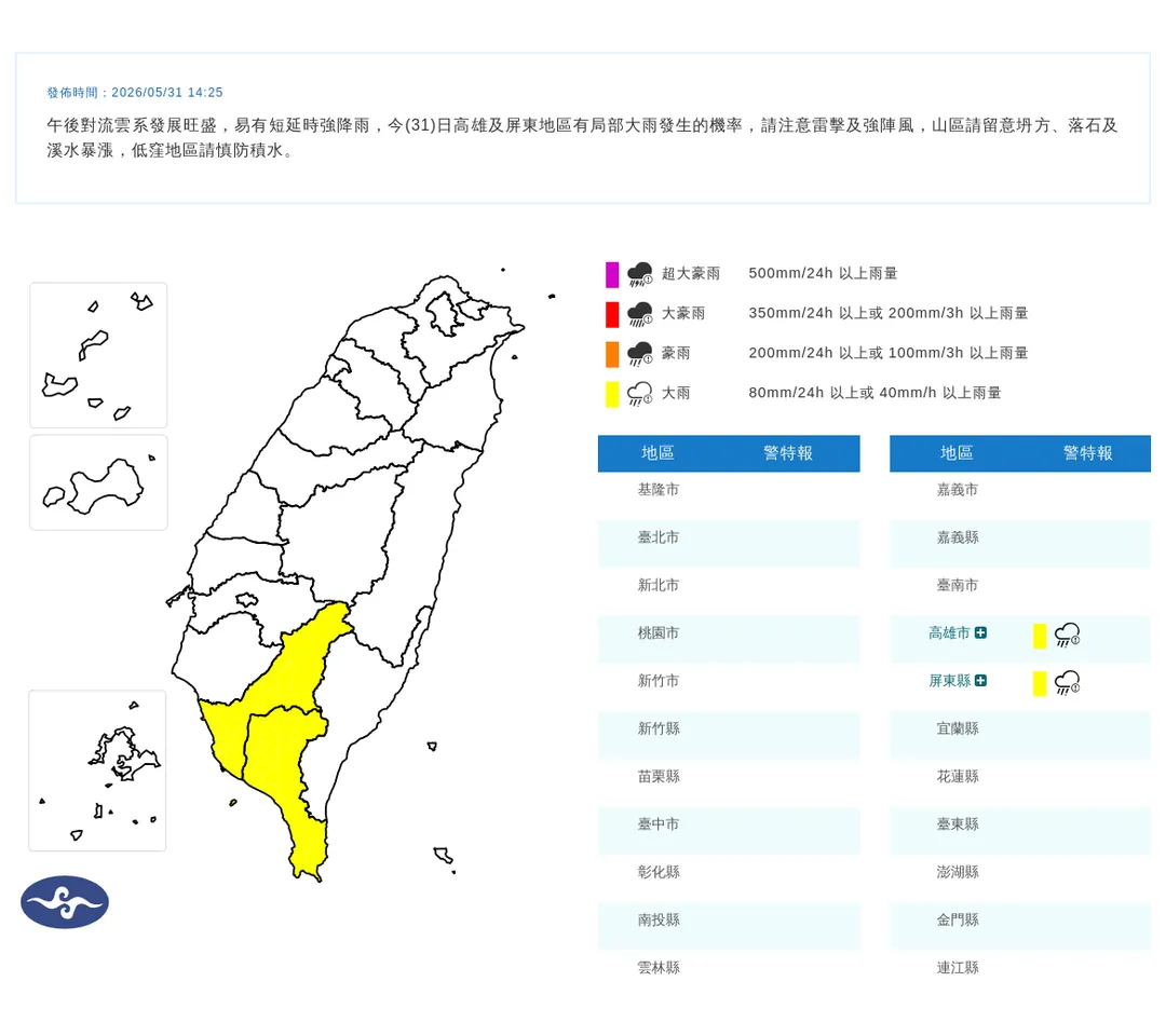 中央氣象署於今(31)日下午2點25分發布2縣市大雨特報。(圖/氣象署提供)