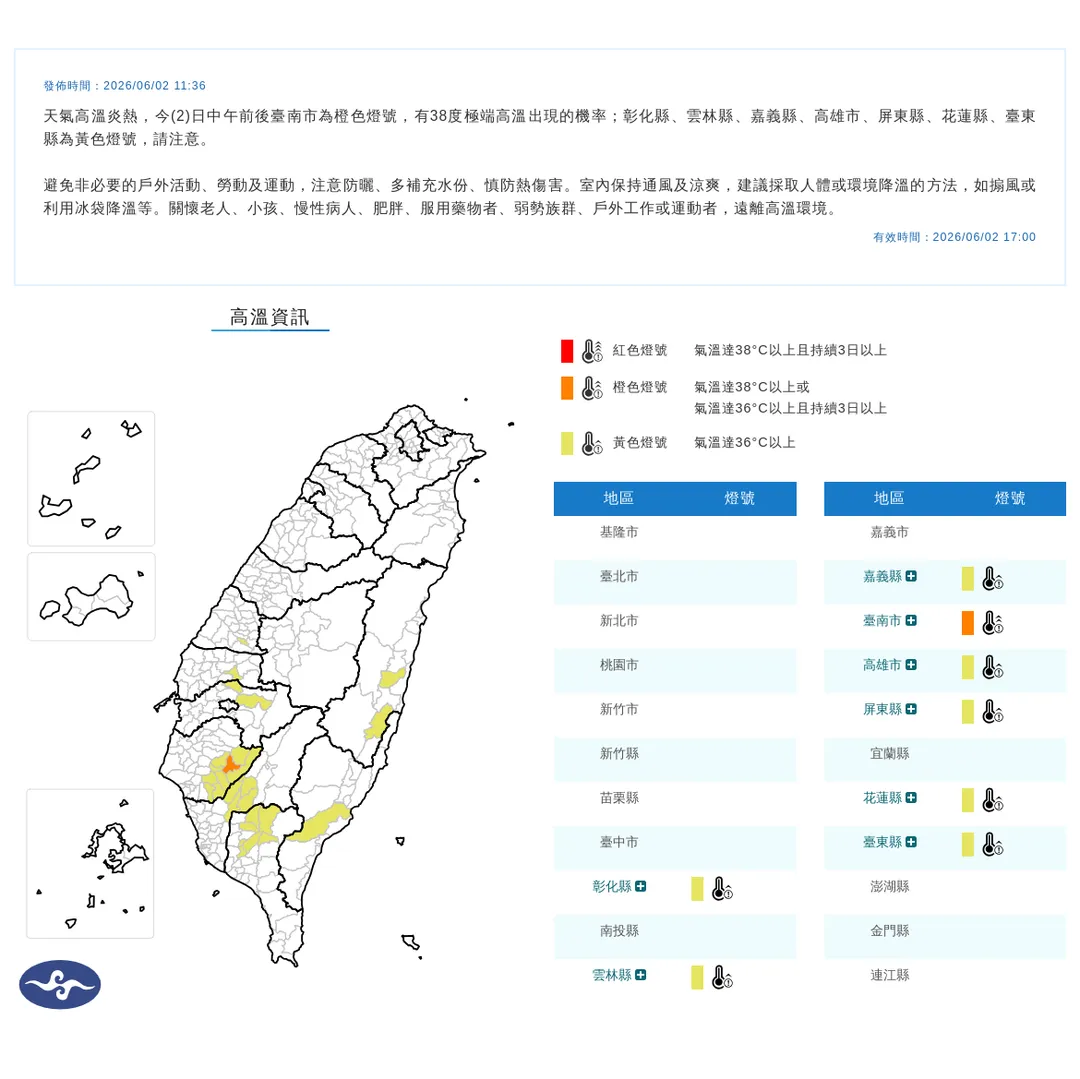 8縣市高溫資訊。（圖／中央氣象署）