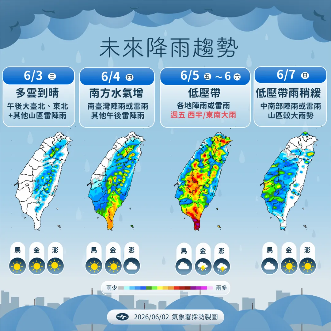 4日起南方水氣和低壓帶北上帶來水氣,預計7日雨勢才會減緩。(圖/中央氣象署提供)