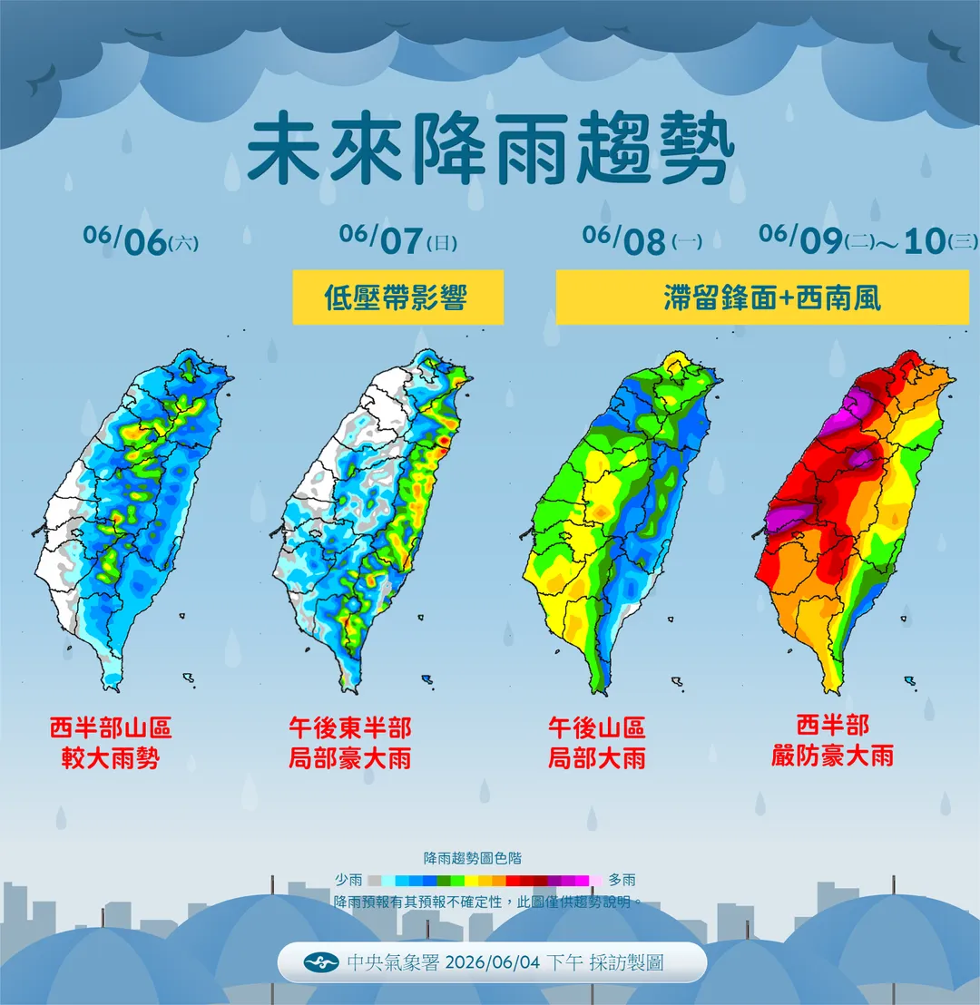 滯留鋒面和西南季風將於下週接力報到，各地預測雨量「紅到發紫」。（圖／中央氣象署提供）