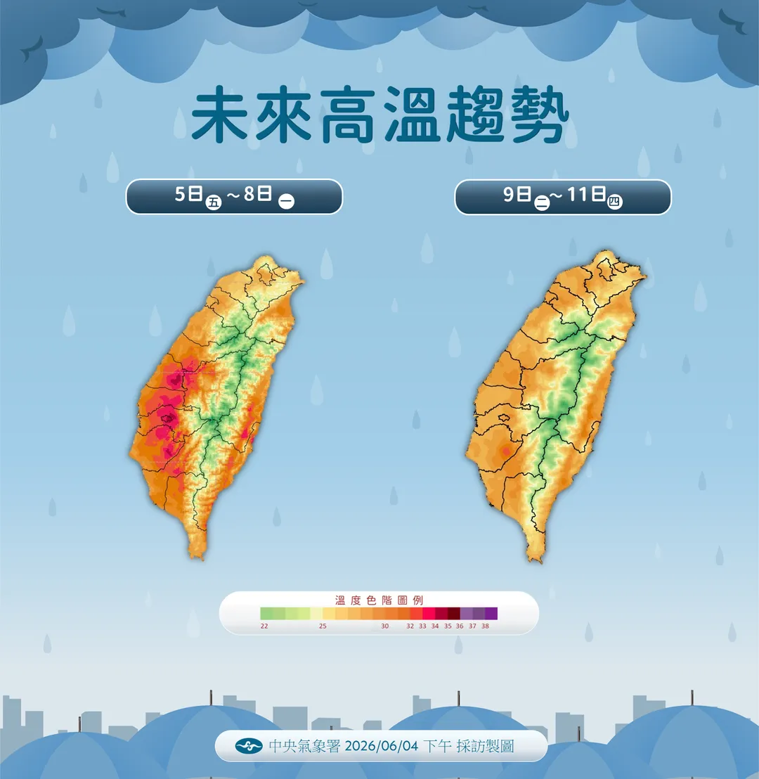 下週起因降雨略有降溫，但沒有下雨的空檔仍較悶熱。（圖／中央氣象署提供）